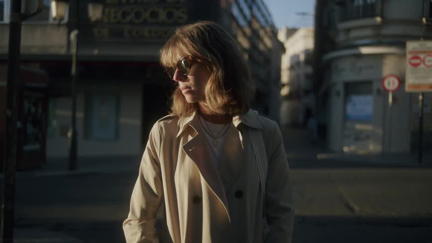 Woman in a stylish coat and sunglasses on the streets of a city with morning sunlight reflecting