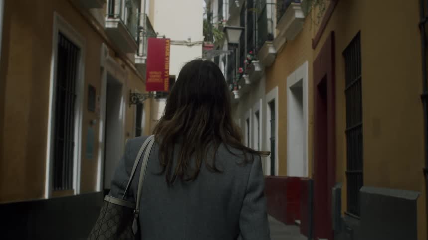 Back view of a lady with an hand bag walking in an alley during the day