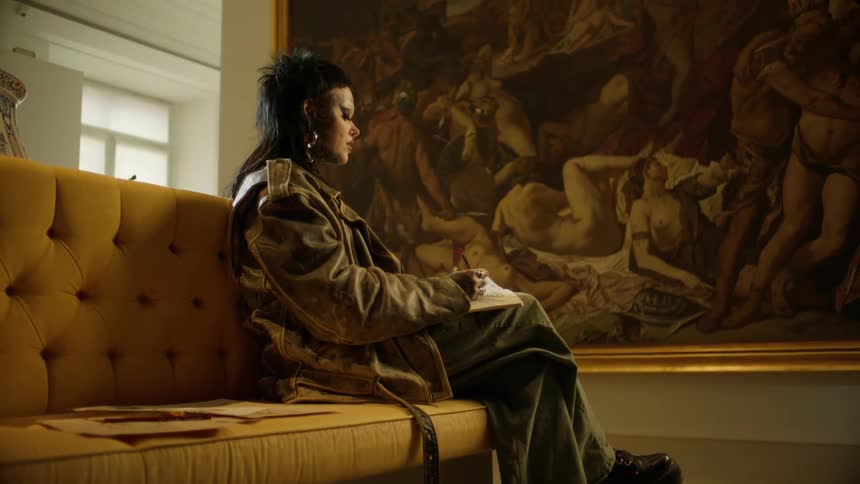 A woman is drawing in the museum