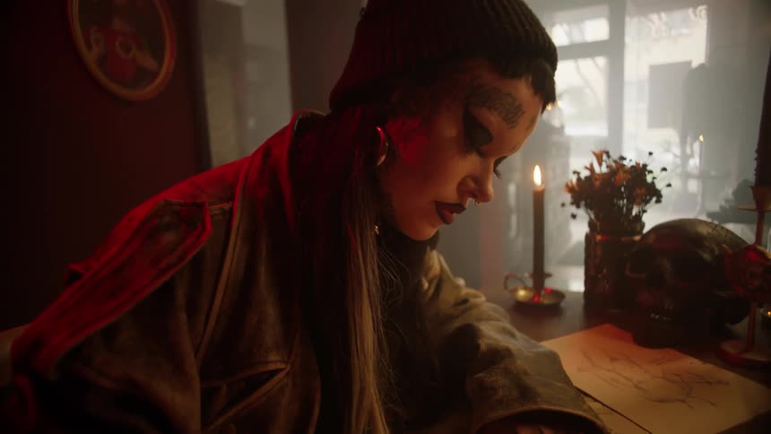 Tattoo artist sitting at a table with candles and drawing