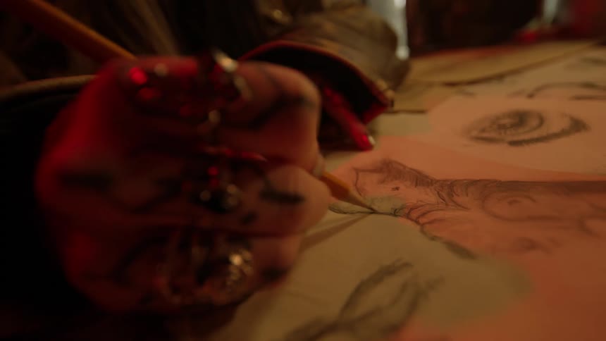Closeup of a womans tattooed hand drawing