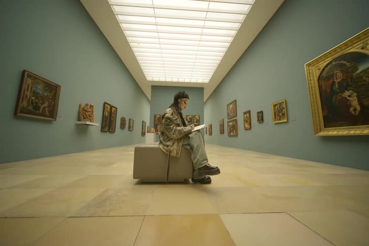A young woman with many tattoos sits in an art museum