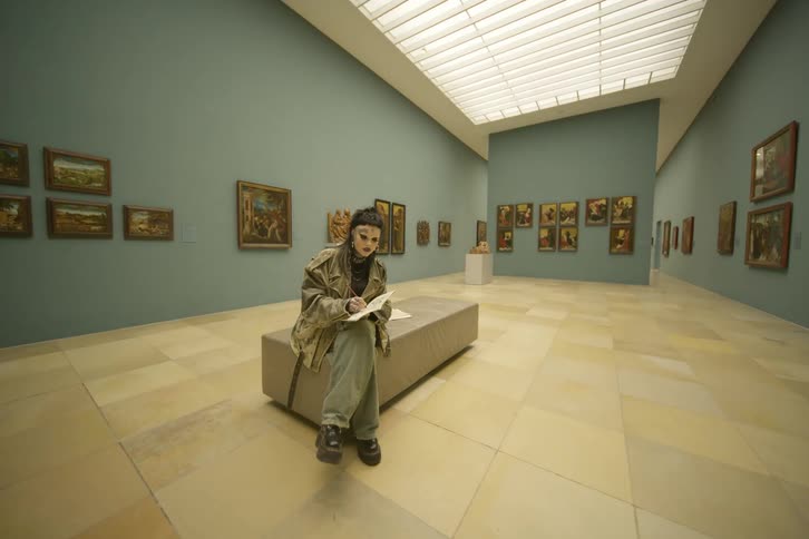 A woman is drawing in the art gallery