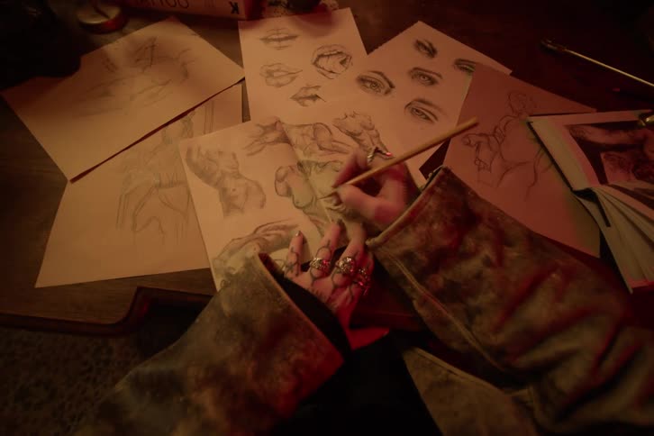 A person with short sleeves and tattoos on their hands is drawing on a sheet of paper next to other readymade drawings