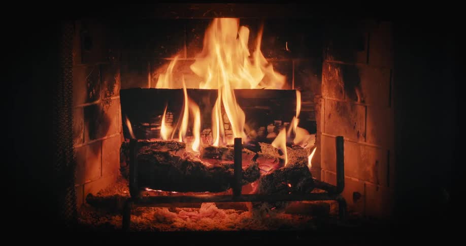 The fireplace is burning