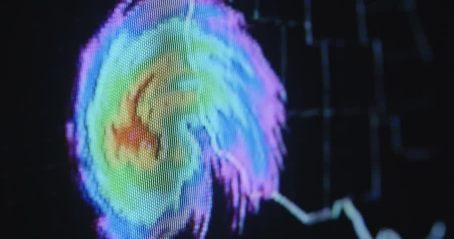 Forecast or prediction of a storm or tempest coming closer to the American east coast on a pixelated screen during a national weather warning with a serious security level or thread filmed with shaky camera movement