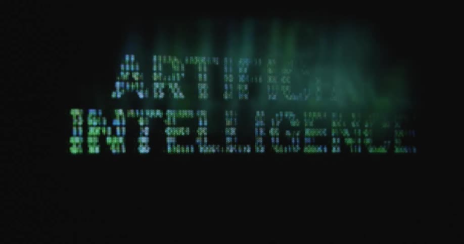 Closeup of moving letters spelling the words or text Artificial Intelligence consisting of neon-green zeros and ones symbolising the technological AI revolution and progress on a flickering digital television screen with pixels