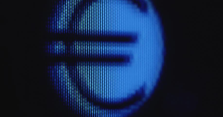 Pixelated computer or television screen displaying an animated Euro icon in the colors of the EU or European Union as symbol for a digital EUR currency as the future of the finance system