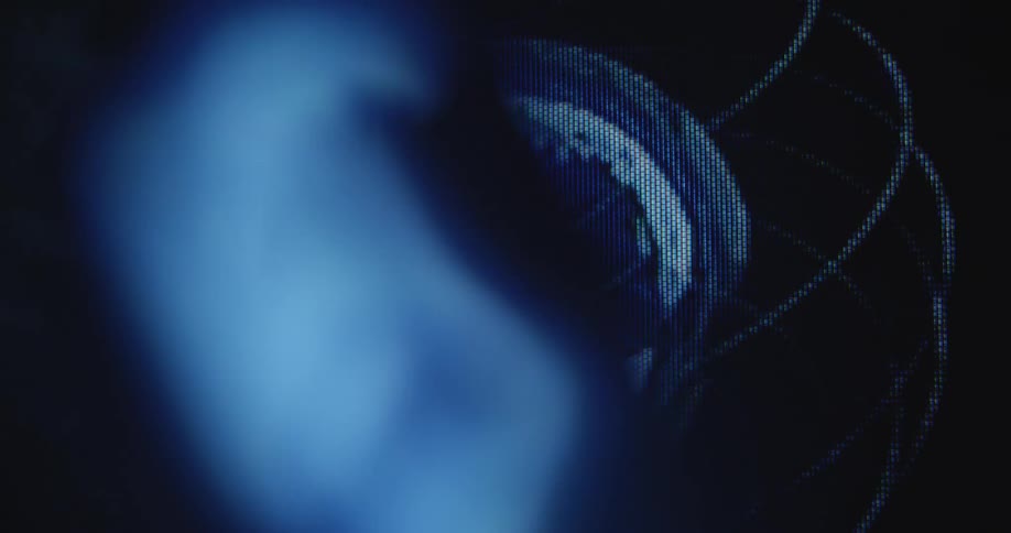 Digital representation or animation of planet earth spins or rotates while being surrounded by atmosphere and the orbit on a black and blue computer screen with RGB pixels