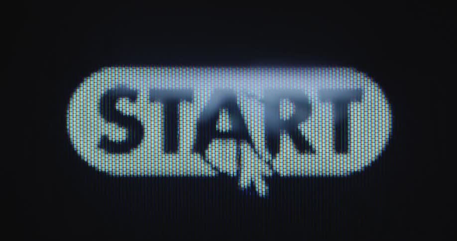 The start button is clicked by a mouse cursor on a pixelated PC screen to initiate the process in a computer program or application