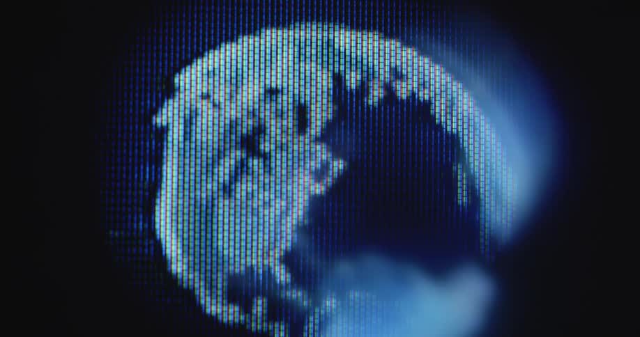 A three-dimensional shape or animation of a blue globe is moving and rotating in the dark orbit on a black television or computer screen with RGB pixels