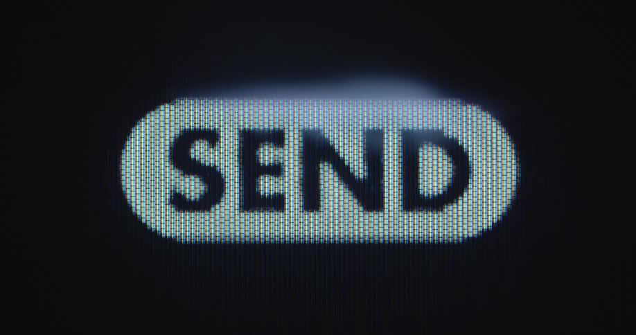 A retro mouse cursor moves onto a send button to start sending a message or files to a recipient through the computer network or internet on a retro PC screen or tube television