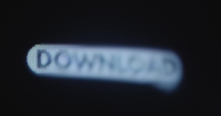 User or customer of online platform uses mouse cursor and clicks on white and black download button to start the downloading process in order to access a digital product or files shared through a cloud or data storage provider