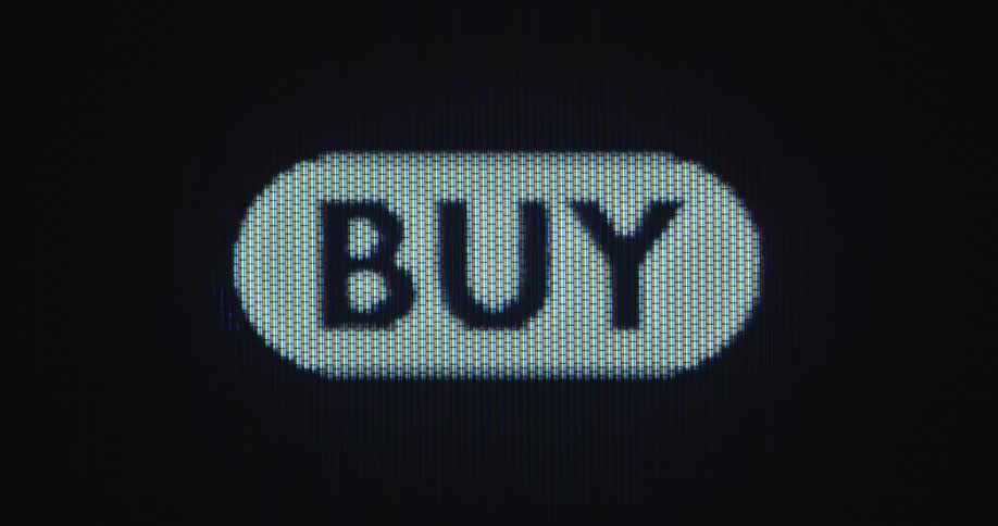 User of an online trading platform or digital market place moves the mouse pointer onto a black and white buy button to purchase a product and place an order as symbol for successful e-commerce and online marketing