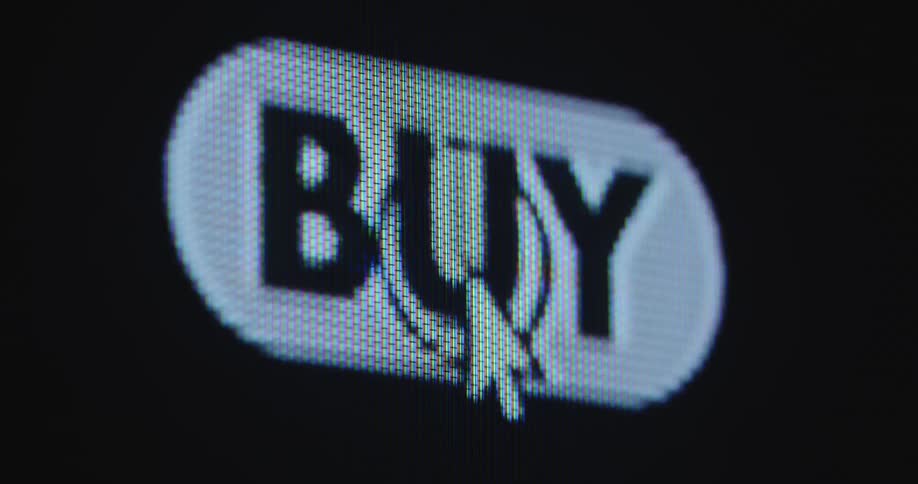 Computer screen displaying a mouse pointer that hovers over a buy button and clicks on it to purchase a digital product or to place an order from an online shopping customer on an e-commerce platform