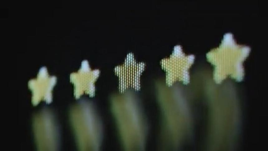 5 golden bright stars appear on the vintage television or pc computer screen due to positive feedback and five star review from happy customers with a great online shopping or customer service experience