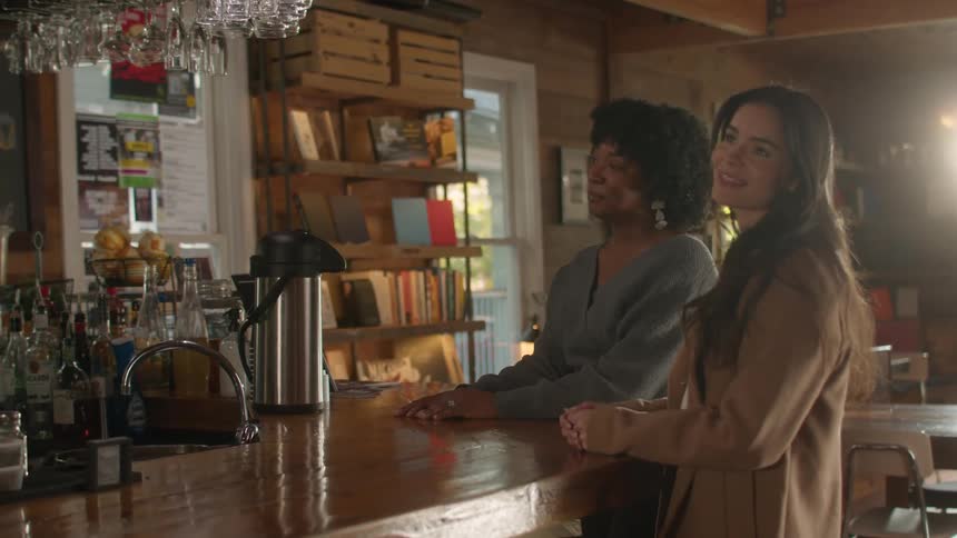 Two females talking while standing by the bar counter at midday