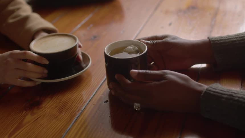 Friends drink tea and coffee together