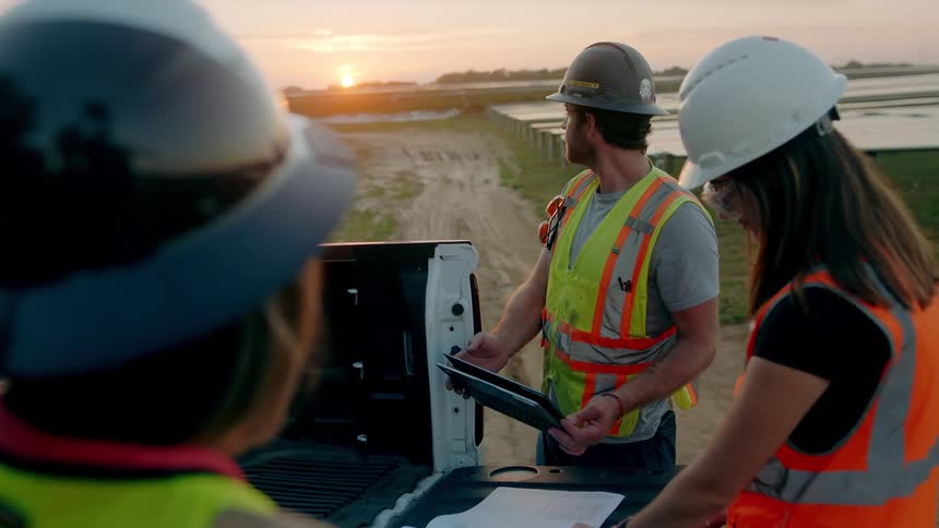 Construction crew reviews site plans at a solar farm at sunset