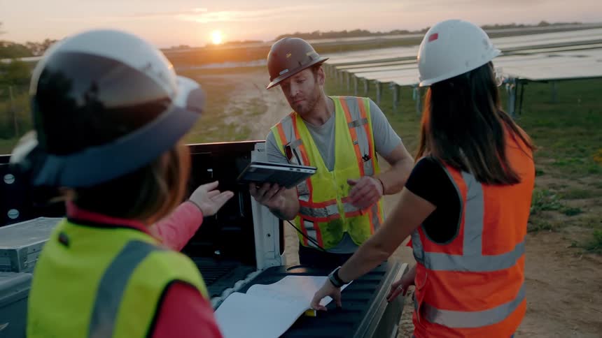A team leader and two coworkers wearing hard hats are reviewing blueprints at a solar field