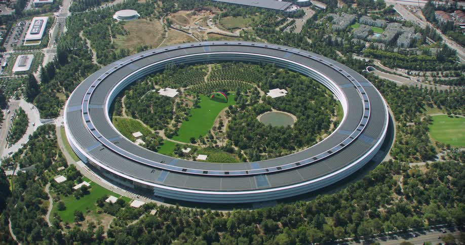 Helicopter aerial view of Apple Park in Cuptertino, California, on a sunny day