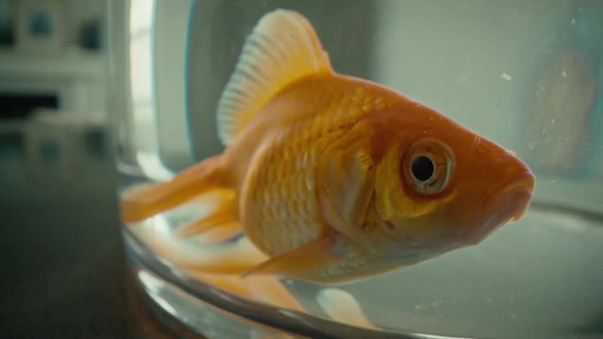 A small goldfish rests at the bottom of a glass fishbowl