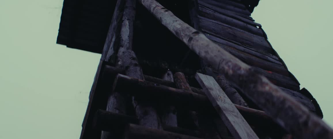 A watchtower made of logs in the middle of the forest