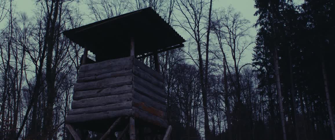 A wooden watchtower in the middle of the forest