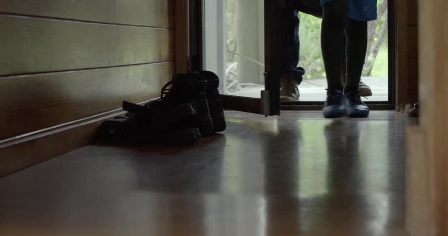 A man and his young son walk into a modern house from the outdoors.