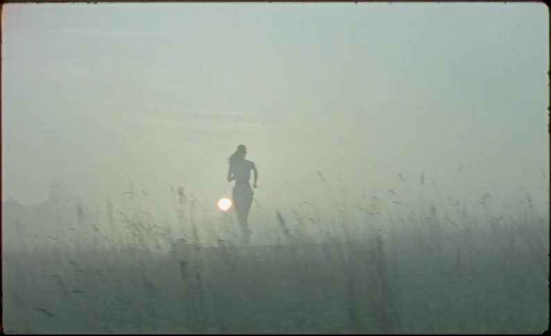 A person running in a meadow during the foggy dawn