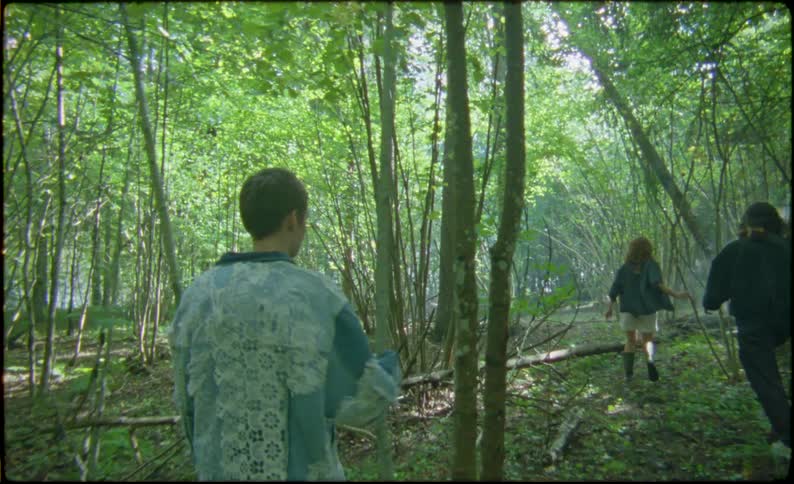 Group of friends walking through the forest