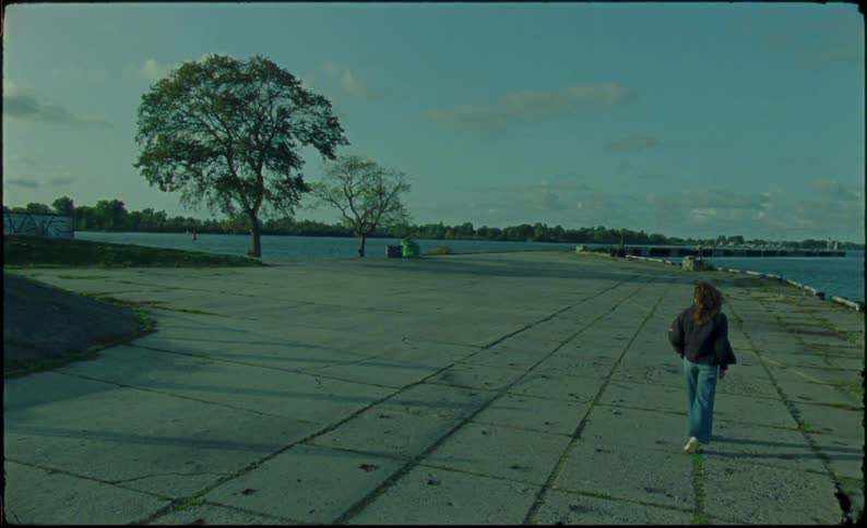 A person walking along a lake during the day