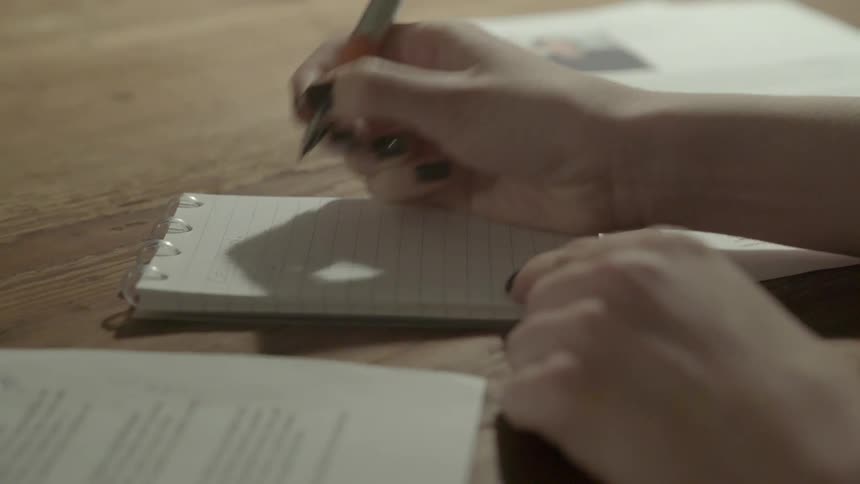 An organized student studies quietly and writes down important information for her upcoming lesson.