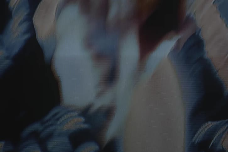 Shaky close up of the head of a model