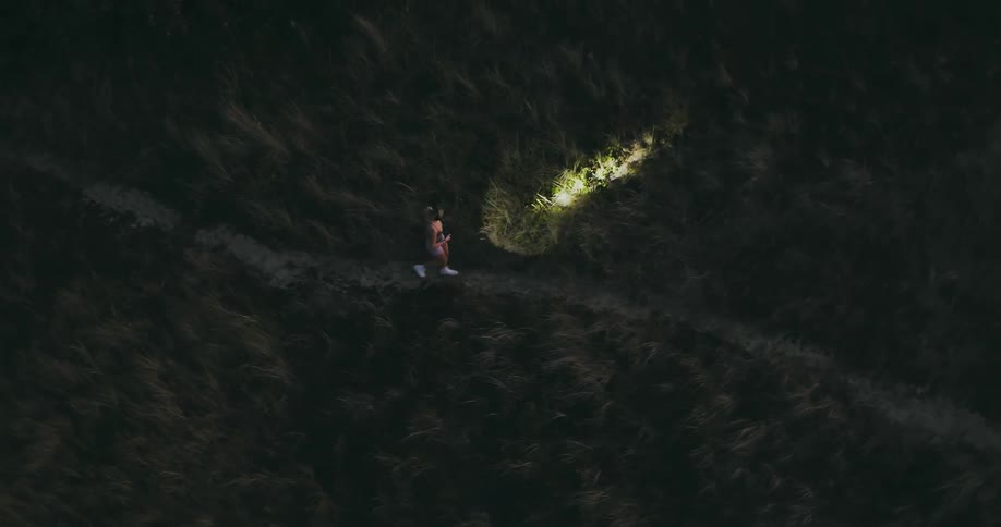 Aerial of female walking along a trail surrounded by rocky grass land with a flashlight at night