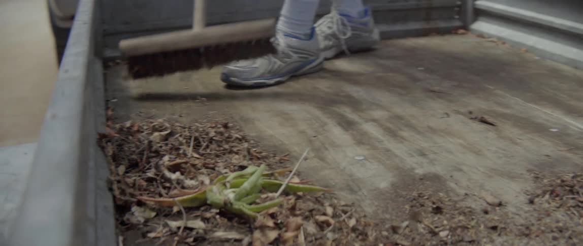 A person sweeps leaves and plant trimmings off of a wood surface
