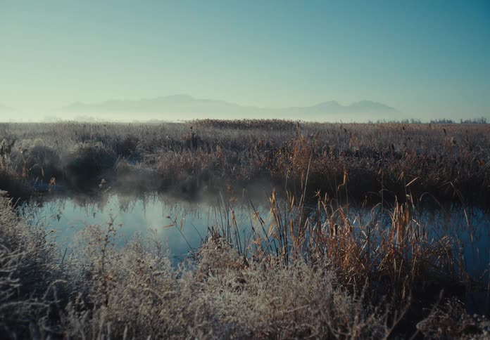A lake in the countryside during the foggy morning