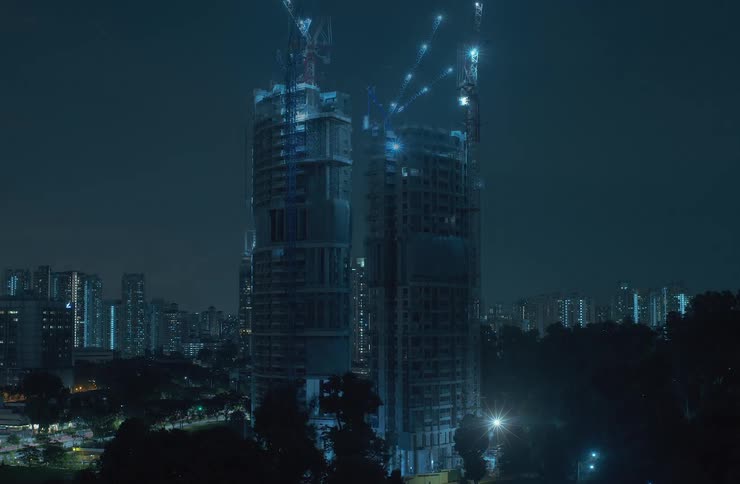 Timelapse of skyscrapers construction with city skyline in the background at night