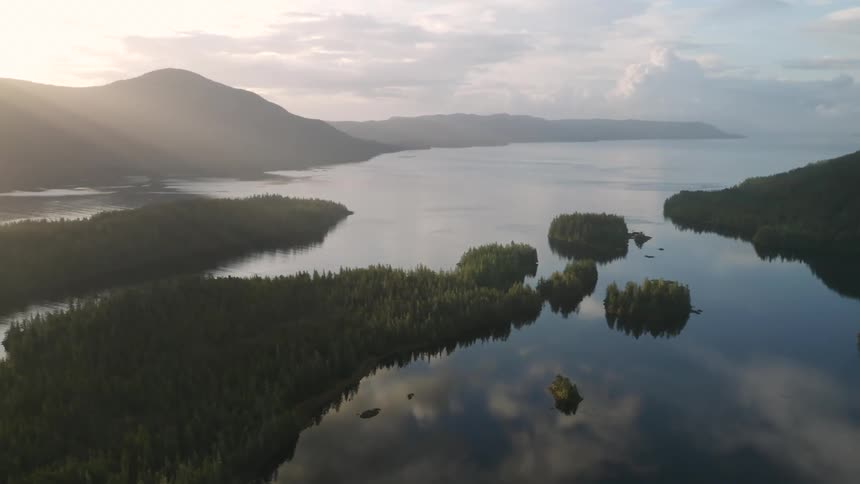Aerial of forest islands during dawn in the Tongass National Forest Alaska