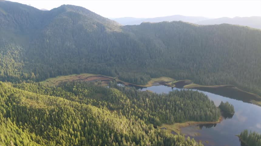 Aerial of forested mountains surrounding a lake in a wilderness area in the Tongass National Forest Alaska