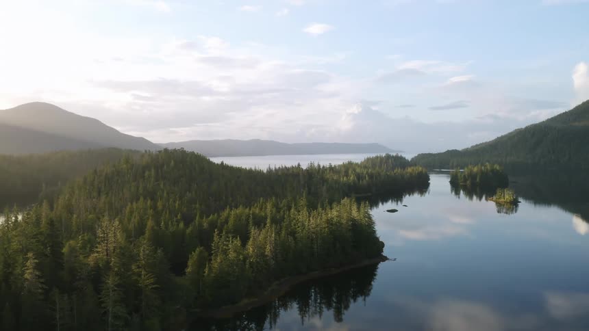 Aerial view of islands and ocean in the Tongass National Forest Alaska