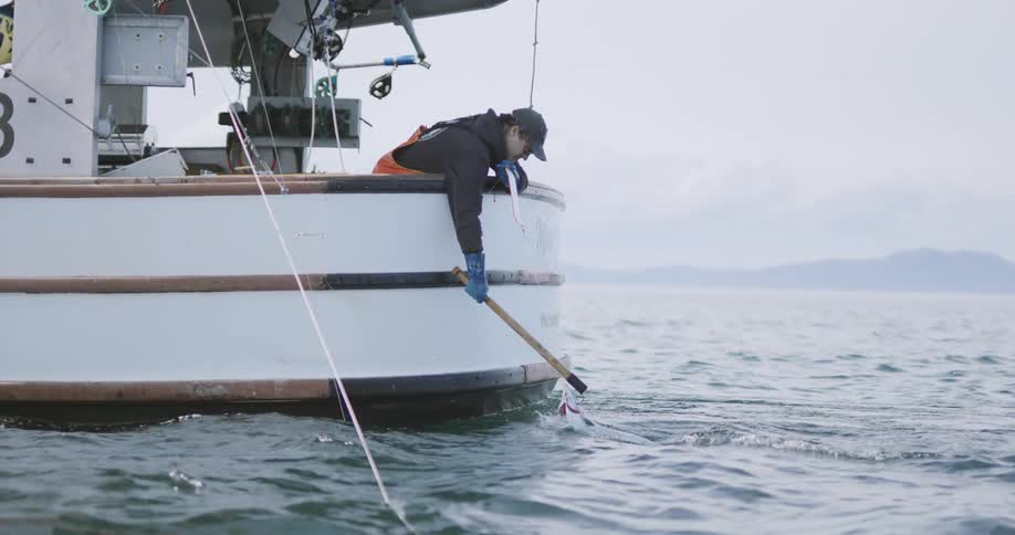 Fisherman catches a fish with a hook from his boat