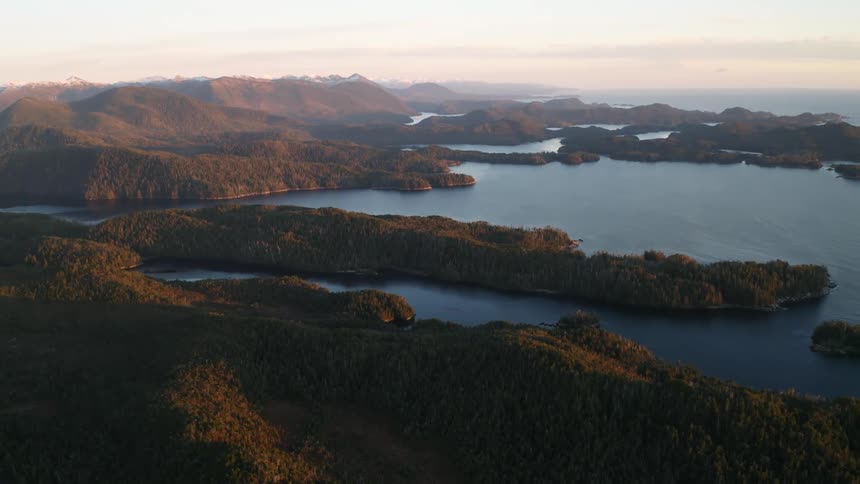 Aerial view of mountains and ocean in the Tongass National Forest Alaska