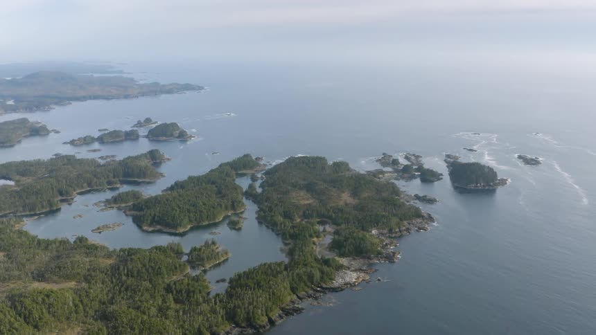 Aerial view of small islands on the Alaska coast next to the ocean