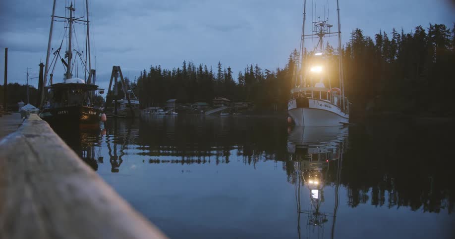 A commercial fishing boat docking at night