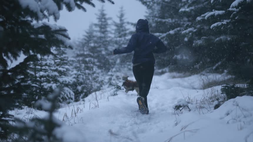 Woman running with her dog through the forest at winter