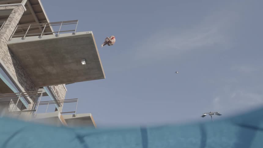 A person jumps from a 10 meter dive platform into a swimming pool