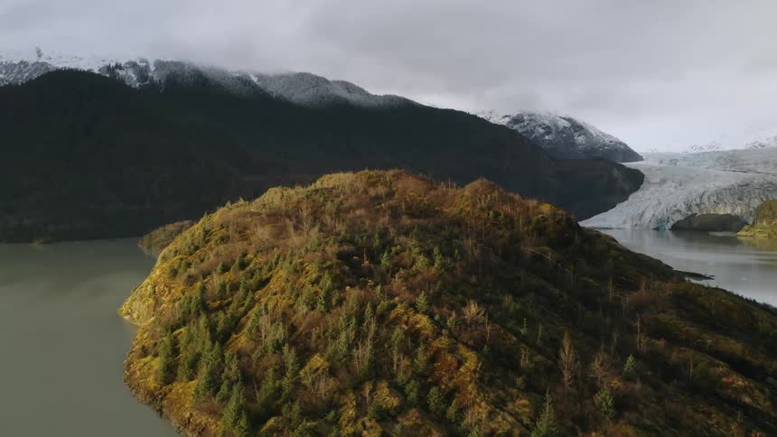 Aerial view of a green forested island in front of a glacier in the Tongass National Forest Alaska