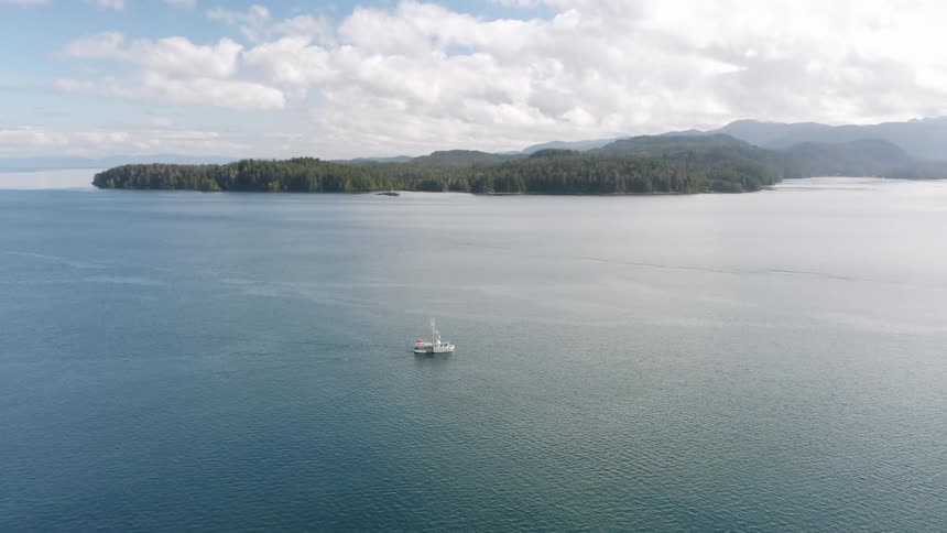 Aerial view of a fishing boat in the ocean near the coast