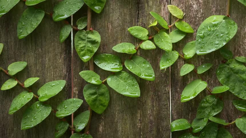 A clip of green wet plant won a wooden wall